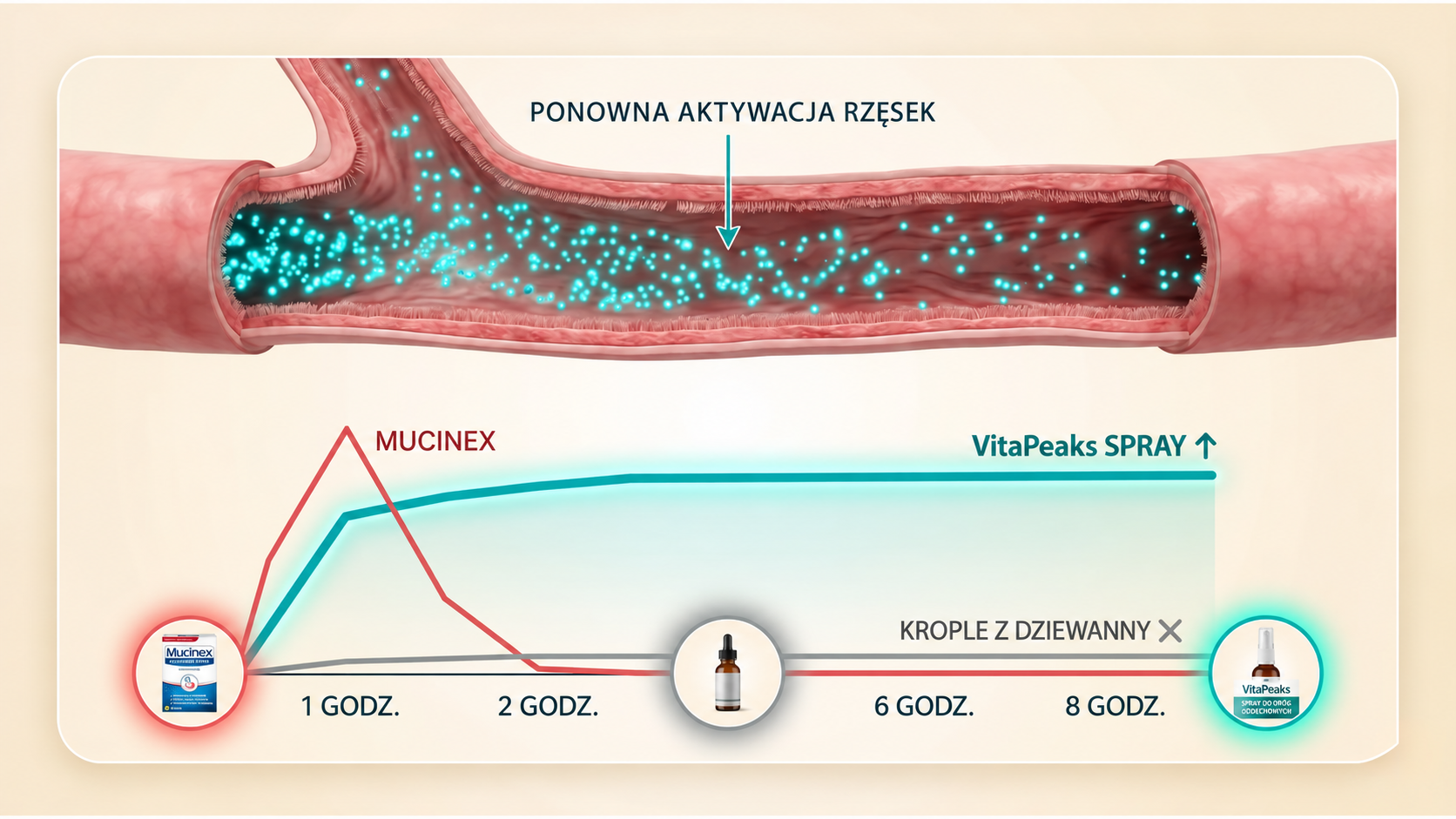 VitaPeaks Spray w porównaniu z Mucinexem, kroplami z dziewanny, kapsułkami NAC i inhalacjami parowymi