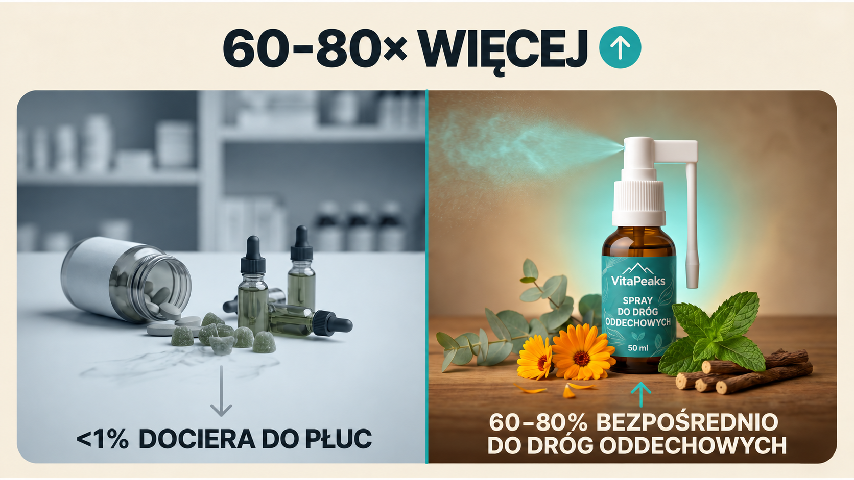 60–80× więcej — VitaPeaks podawany bezpośrednio do dróg oddechowych a połykane krople z dziewanny